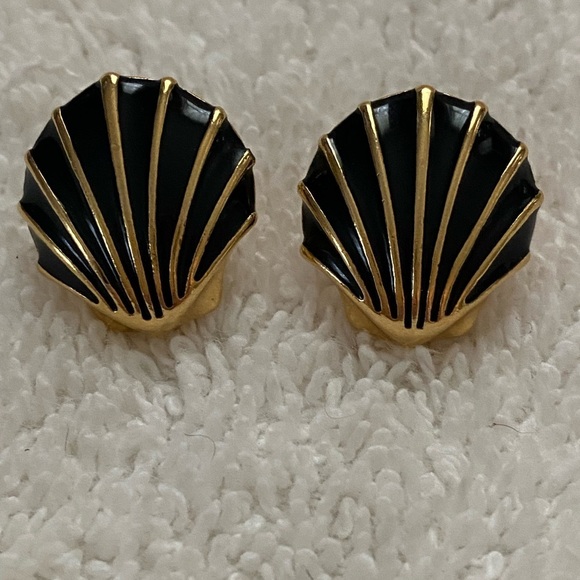 Monet Jewelry - Monet Clip on Black and Gold Art Deco Shell Earrings